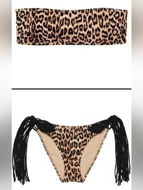 L/L VS Archives Swim Bandeau Bikini Top Macrame Fringe Cheeky Bikini Set Leopard